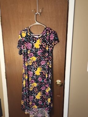 LuLaRoe Black Floral High-Low Dress with Yellow and Purple Blooms